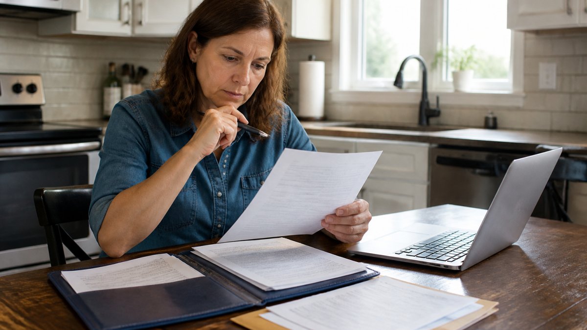A person at a kitchen table reviewing a printed insurance letter with a pen, a folder of documents, and a laptop open beside them