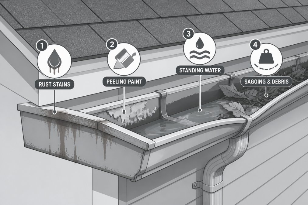 Close-up of residential gutter showing rust stains, peeling paint, standing water pooling in a section, and visible sagging with debris accumulation