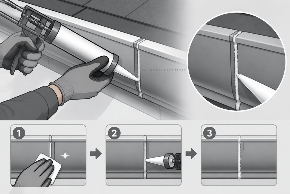 Hands wearing work gloves applying caulking and sealant to a gutter seam joint with a caulk gun, showing proper application technique with close-up detail of the joint area