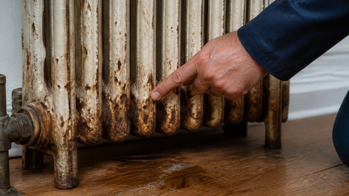 A close-up of a rusty, leaking cast iron radiator in a home, with a small puddle of water on the floor and a technician's hand pointing at the corrosion