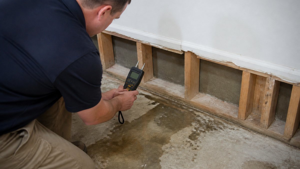 Technician using a moisture meter on a water-stained subfloor before you replace basement flooring