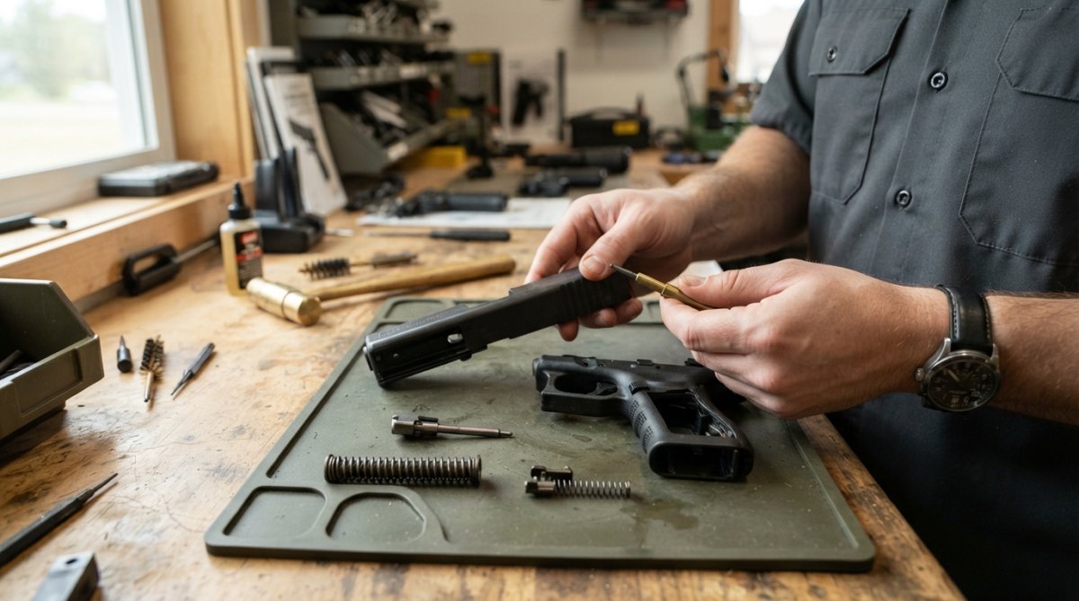 Hands performing a detailed field strip on a firearm, showing the firing pin, extractor, and recoil spring laid out clearly on a work surface with natural lighting