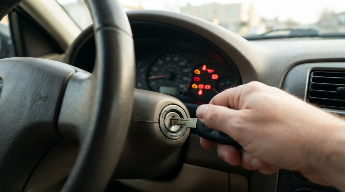 Close-up of a driver's hand turning a car key in the ignition, dashboard warning lights glowing, visible wear and scratches on the key blade, natural daylight through the windshield