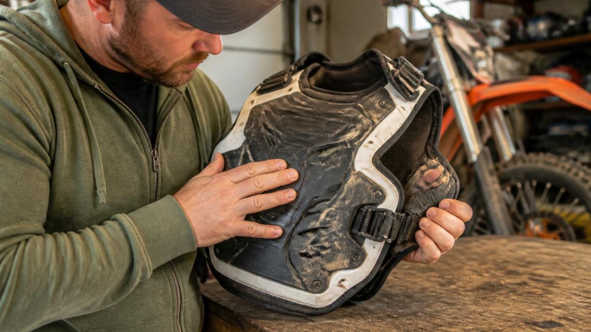 Parent inspecting a youth chest protector for cracks and foam wear in a garage