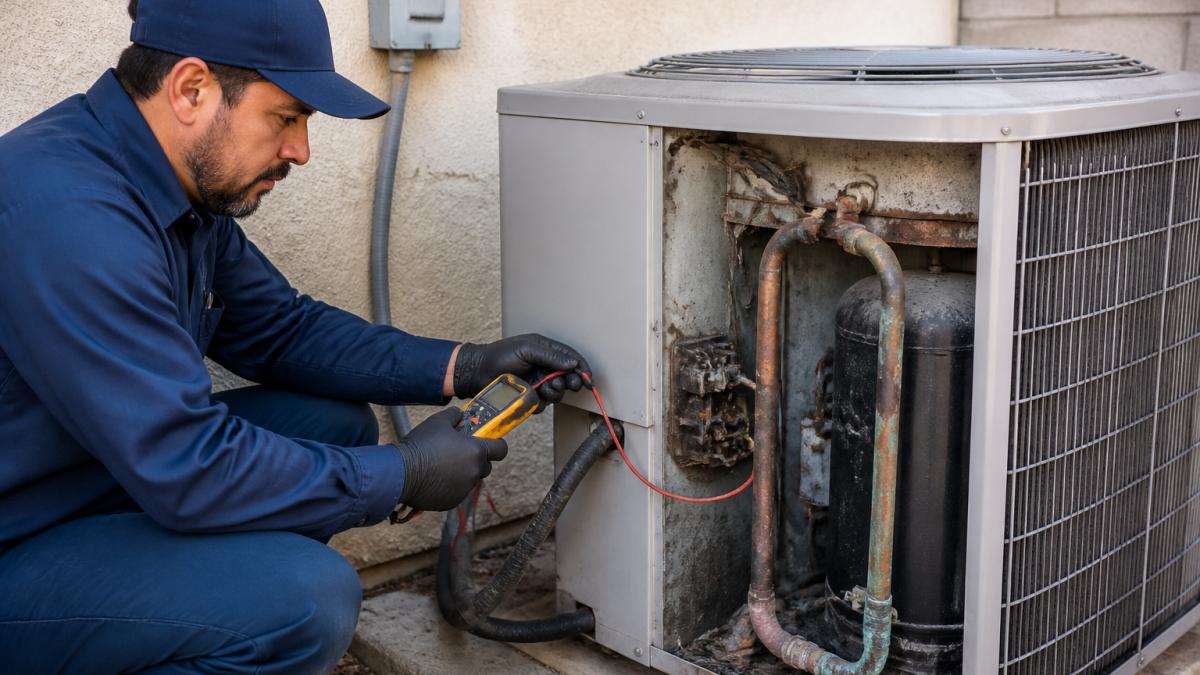 HVAC technician in work uniform inspecting outdoor central air conditioner condenser unit with diagnostic meter, checking copper lines and components showing visible corrosion and wear