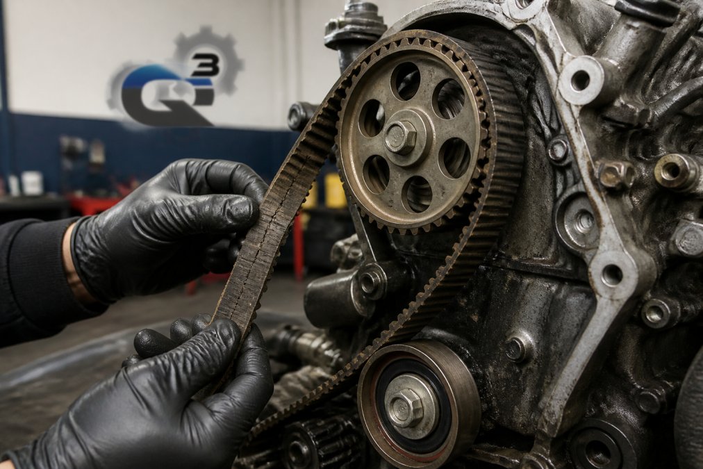 Mechanic inspecting a worn, cracked timing belt to identify when to replace timing belt on car 2026 models.