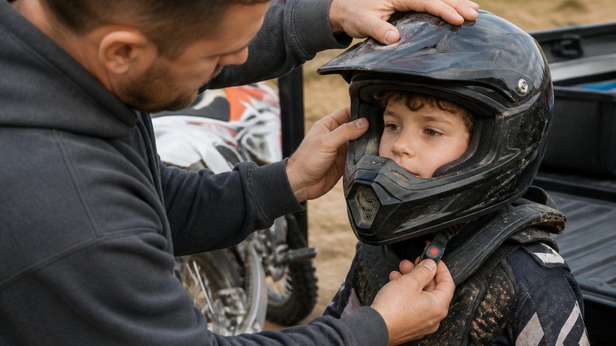 Five-point inspection guide for checking a child’s motocross helmet for structural damage and proper fit.