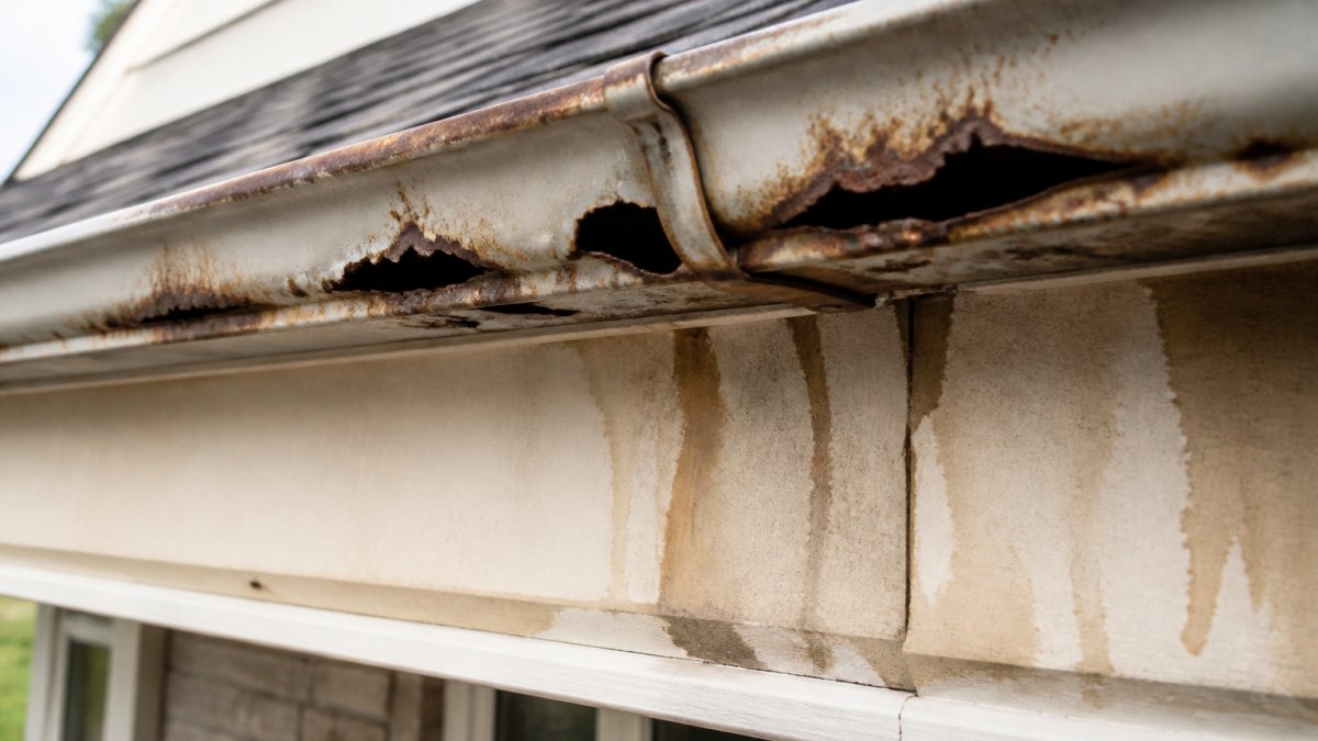 Close-up of damaged gutter showing rust, corrosion, and visible holes with water staining on the fascia board below