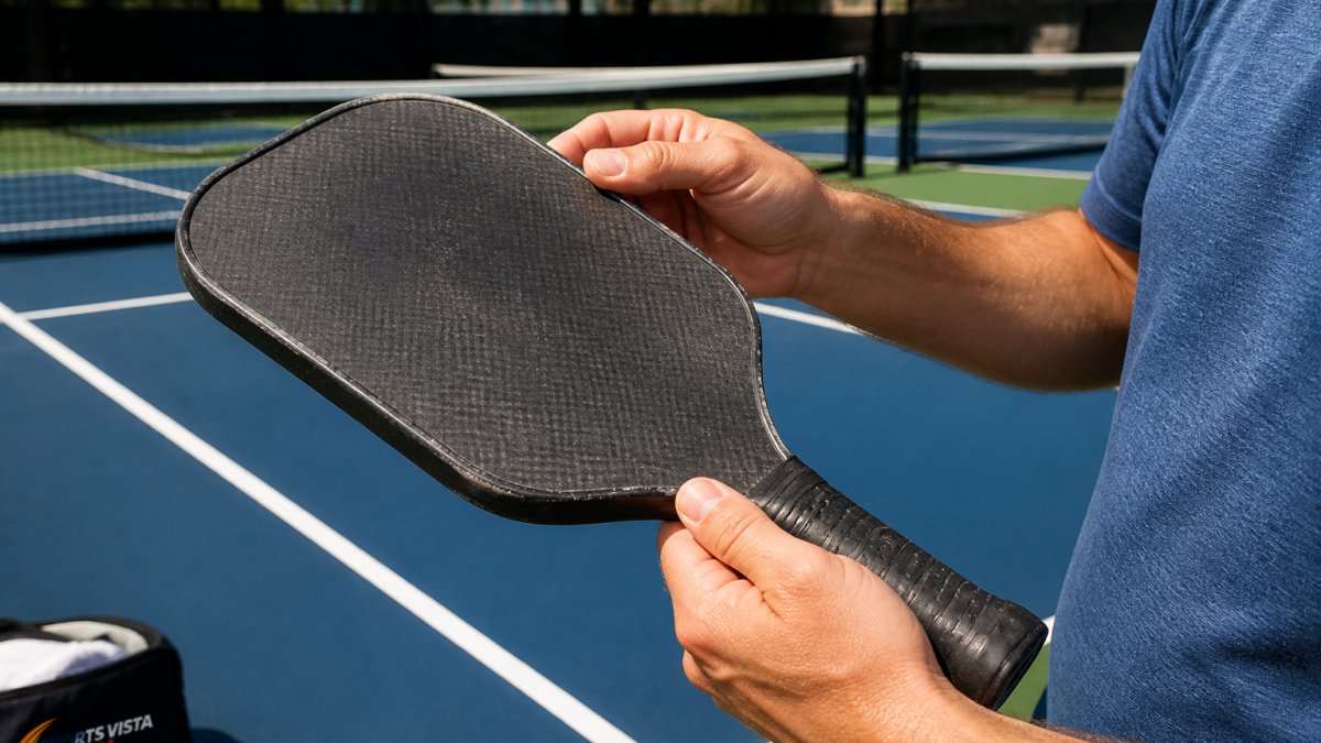 Hands inspecting the surface and edge guard of a pickleball paddle for signs of wear under natural light.