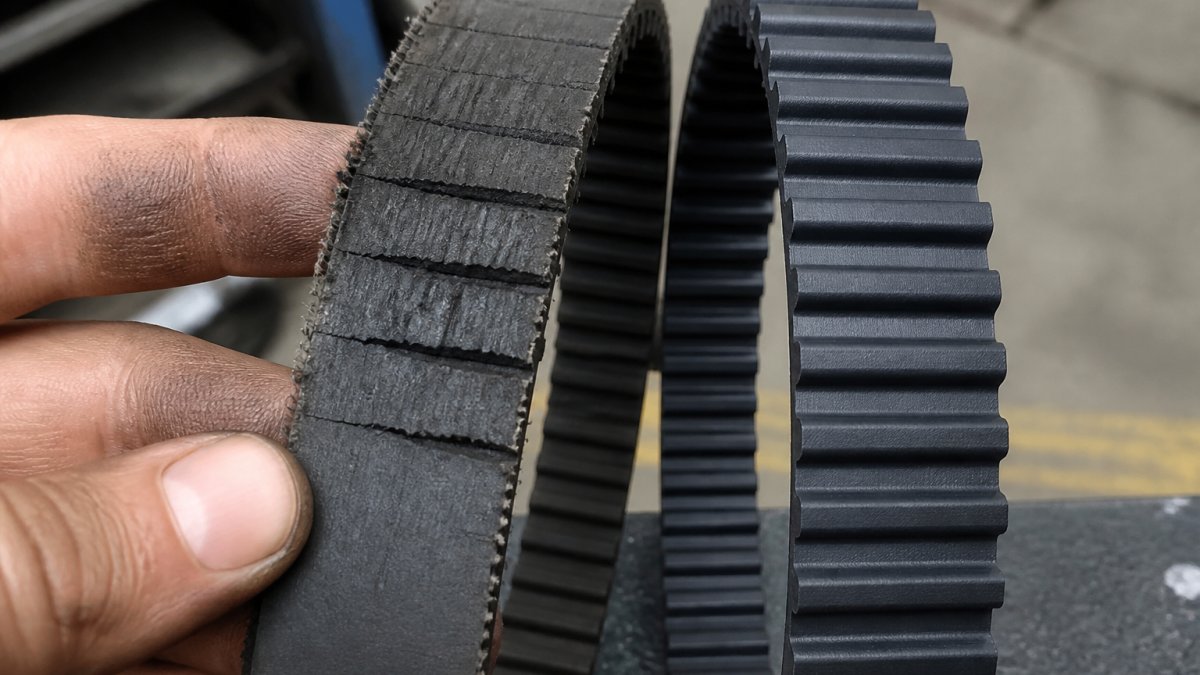 Close-up of a worn timing belt showing visible cracks, fraying rubber edges, and degraded surface texture displayed next to a new belt for comparison