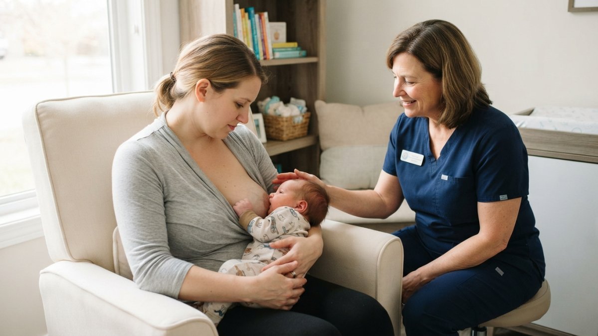 A mother sitting in a comfortable chair feeding her infant, with a lactation consultant gently observing and guiding the baby's latch in a bright, calm room A mother sitting in a comfortable chair feeding her infant, with a lactation consultant gently observing and guiding the baby's latch in a bright, calm room