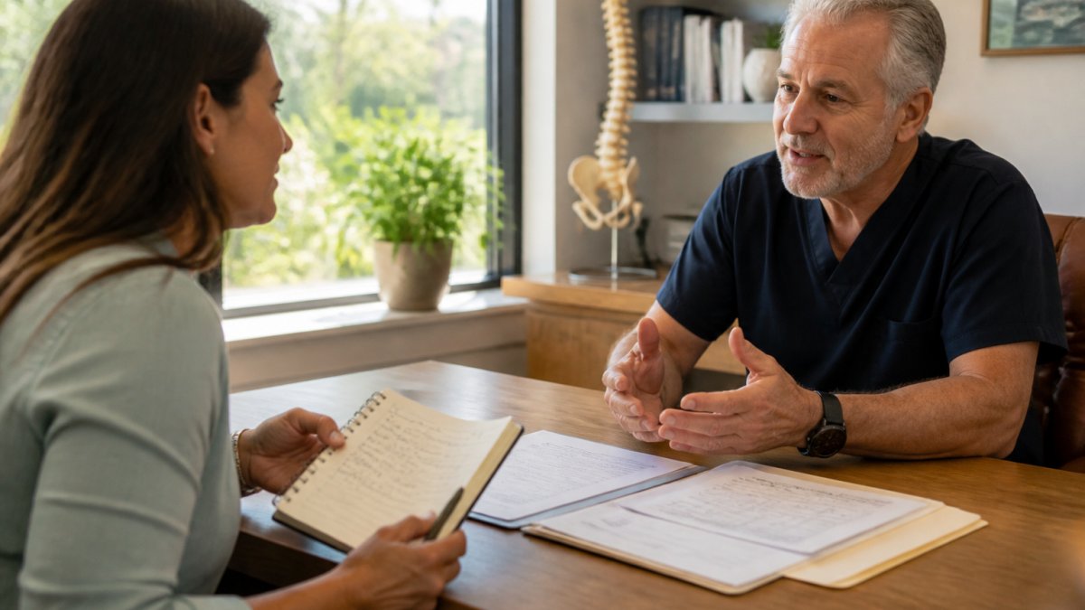Patient sitting across from healthcare provider in clinical office, holding notebook with pain notes and medical records on desk between them, natural window lighting in background