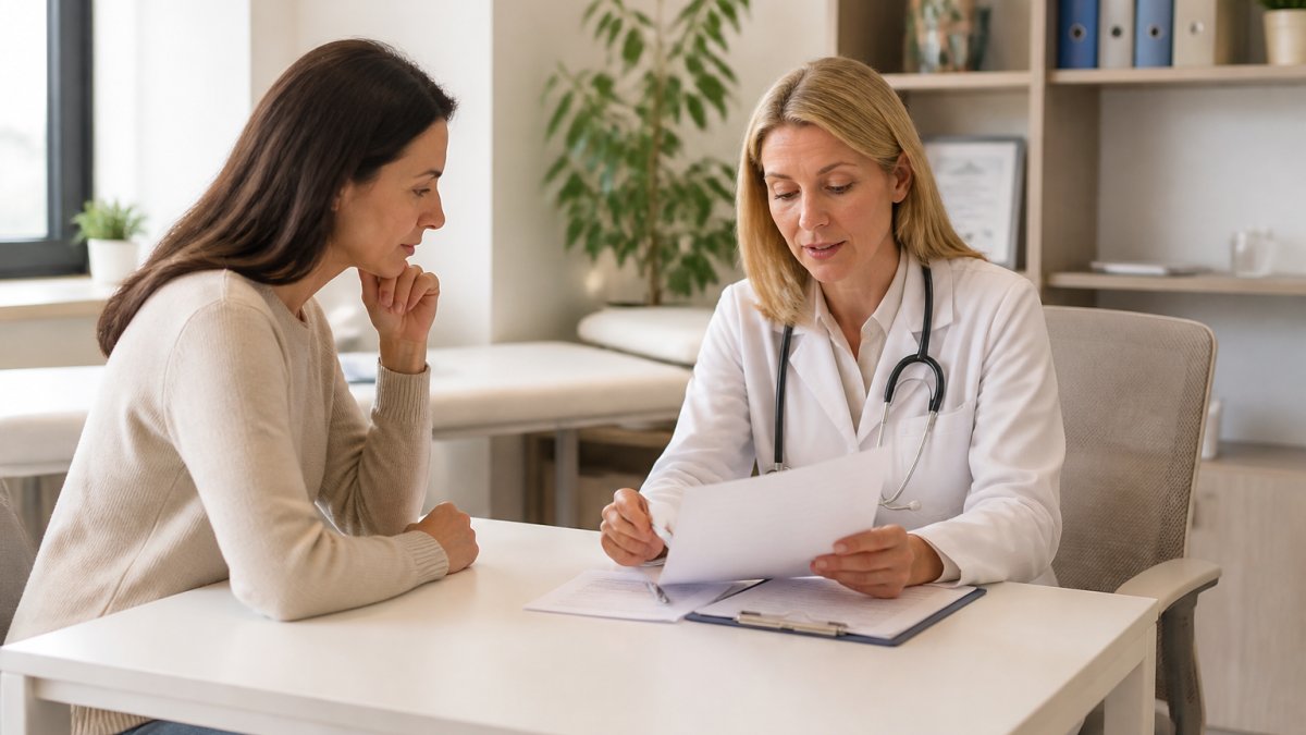 Woman in medical consultation room sitting across from female healthcare provider reviewing test results and health records on desk in modern clinic with natural lighting