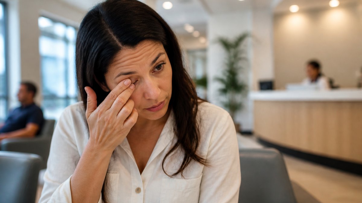 A close-up of a person gently touching their eye with a concerned expression, sitting in a bright, modern medical office waiting area, conveying urgency without panic