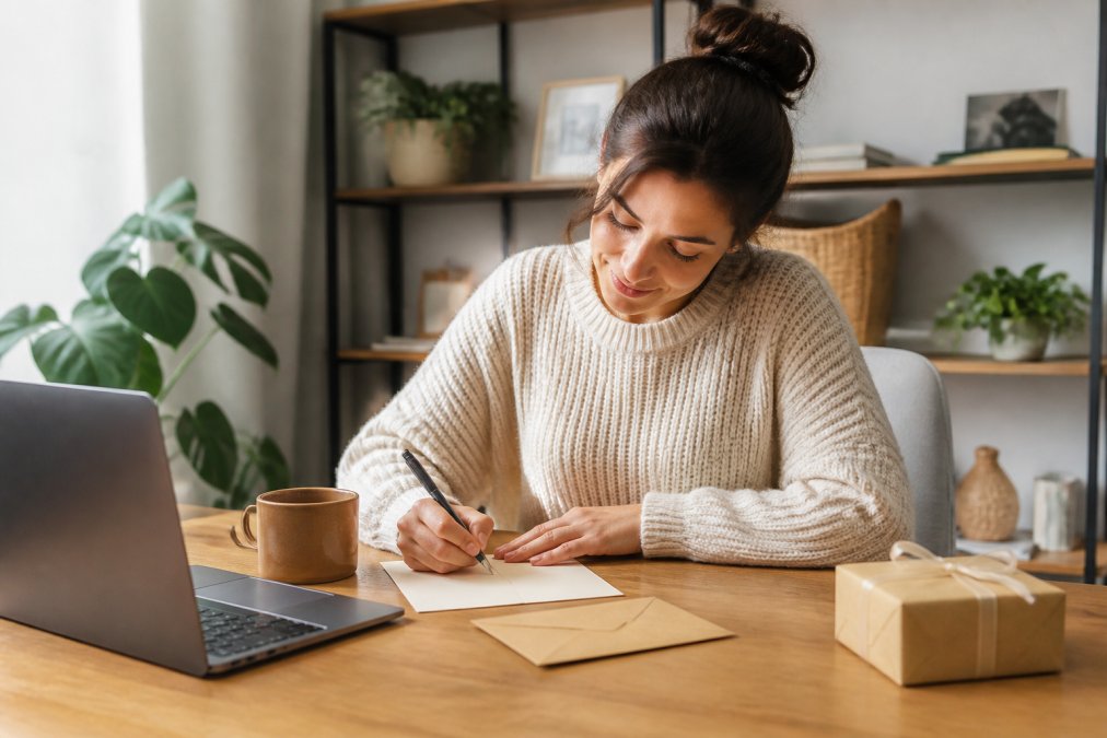 A person sitting at a wooden desk writing a handwritten thank you note on cream stationery, with a laptop, coffee mug, and a small wrapped gift box nearby in a warm, well-lit home office