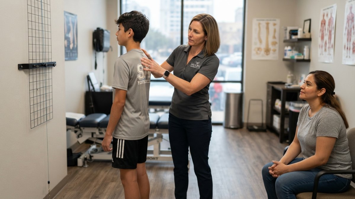 Professional chiropractor performing posture assessment on young teenage athlete in modern clinical setting, with parent observing in background