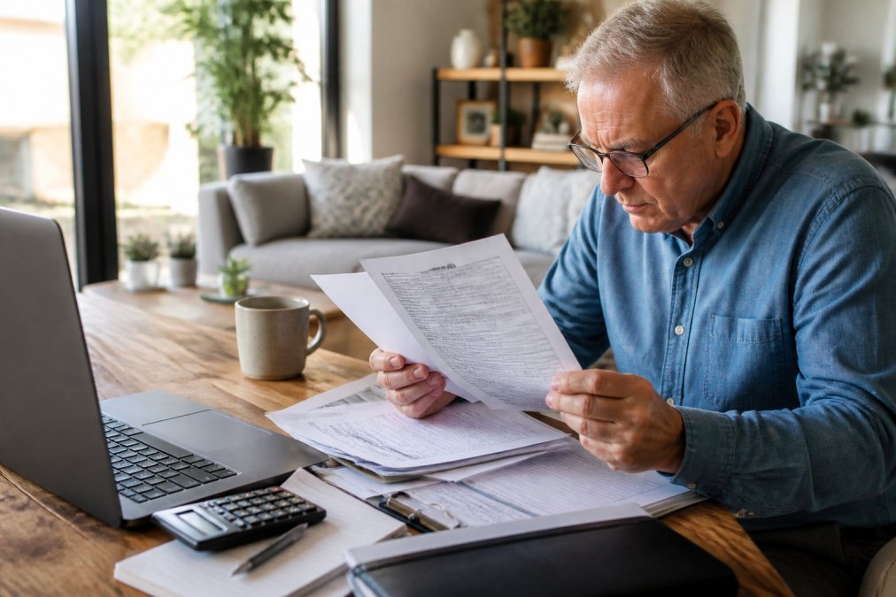Hands holding a tax form and W-2 statement at a home desk with laptop open, suggesting tax preparation and income documentation