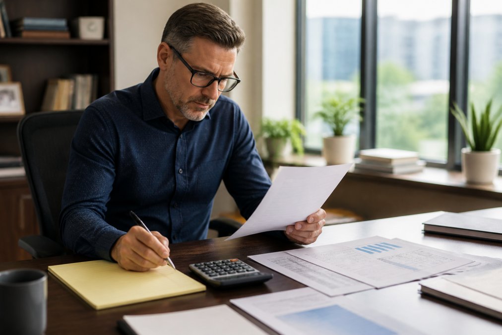 Middle-aged professional at a desk reviewing retirement documents and financial statements with a calculator and notepad, natural lighting from office window