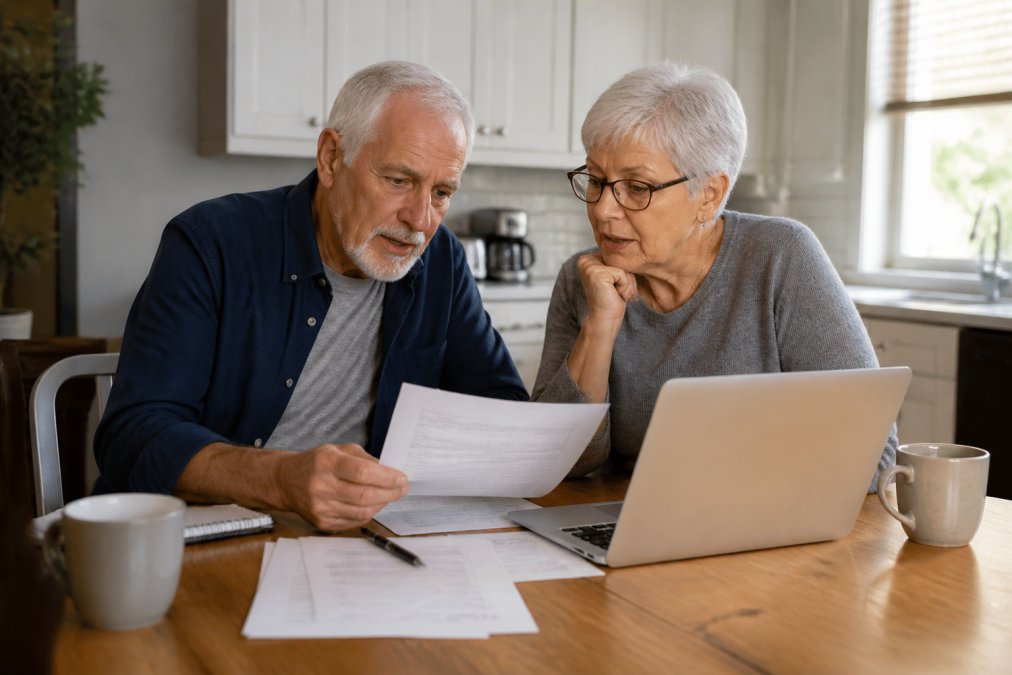 A retired couple in their early 60s sitting at a kitchen table reviewing paperwork and a laptop, with a calendar and coffee mugs visible, discussing retirement timing in a warm home setting