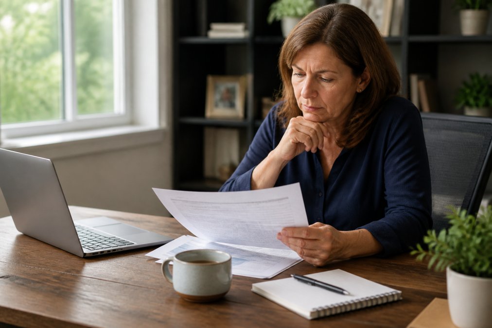 A small business owner in a home office reviewing printed financial statements beside an open laptop showing accounting software, coffee cup and notepad on the desk, soft afternoon window light