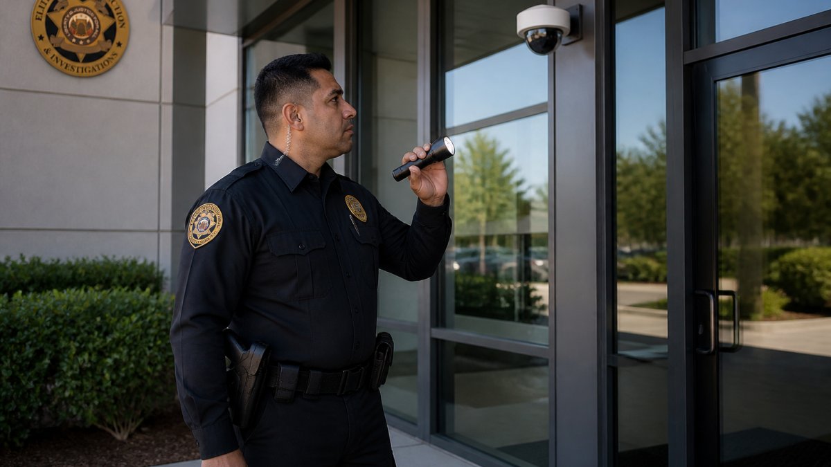 Professional security officer in uniform conducting systematic facility walkthrough, checking entry points and monitoring systems at a commercial building entrance with natural daylight