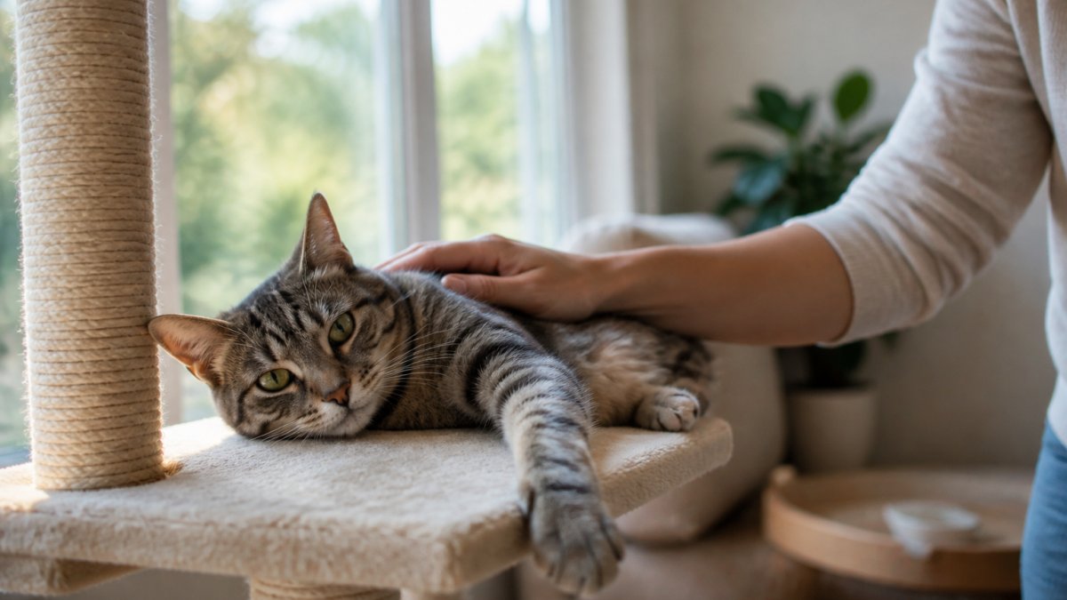 A gray tabby cat stretched out on a soft window perch beside a scratching post, with a person calmly petting it in a sunlit living room