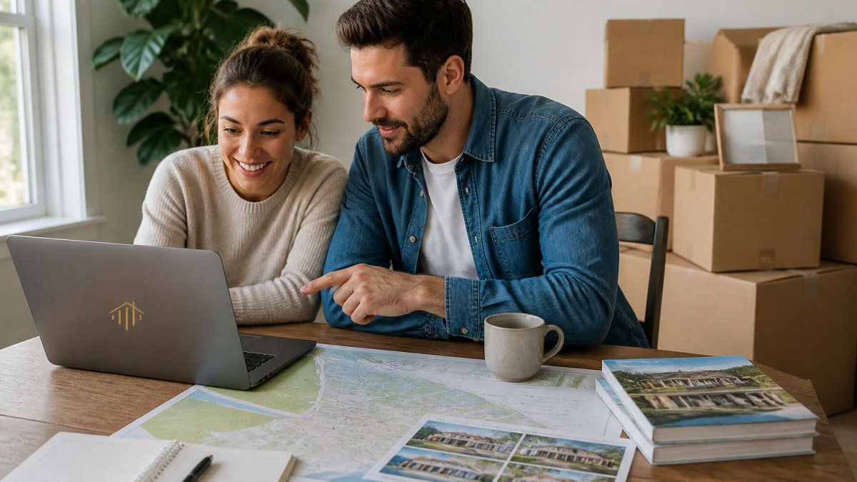 A young professional couple reviewing a map of Ventura County neighborhoods on a laptop in a bright home office, with moving boxes visible in the background