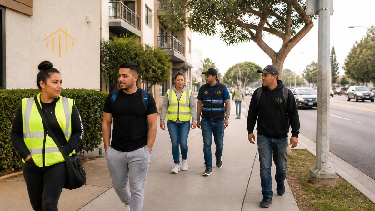 Diverse group of warehouse workers walking through a residential neighborhood near a commercial area, with apartment buildings and local businesses visible in the background during daytime