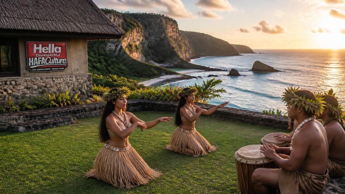 Scenic coastal landscape of Guam with traditional island architecture and natural landmarks reflecting Chamorro heritage, golden hour lighting illuminating limestone cliffs and turquoise waters