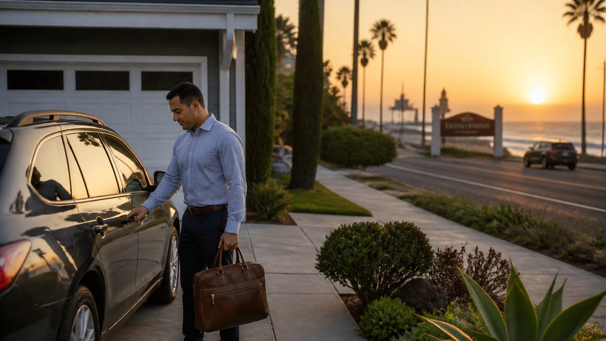 Worker unlocking a car at sunrise near a coastal home with a Naval Base Ventura County jobs site in the distance