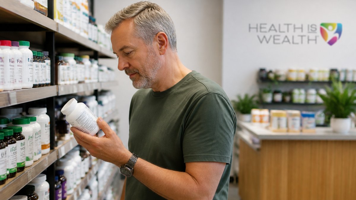 Shopper in their fifties reading the label on a vitamin bottle at a supplement store shelf