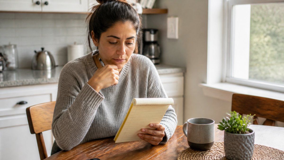 A person sitting at a kitchen table with a notepad and phone, reviewing a handwritten list of questions before calling a clinic, soft morning light through a window