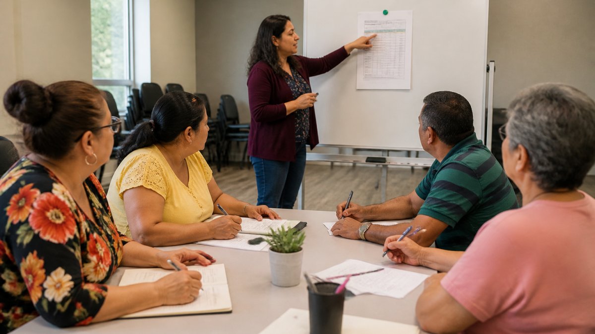A small group of Spanish-speaking adults seated around a table in a community room, taking notes while a facilitator points to a budgeting worksheet on a whiteboard