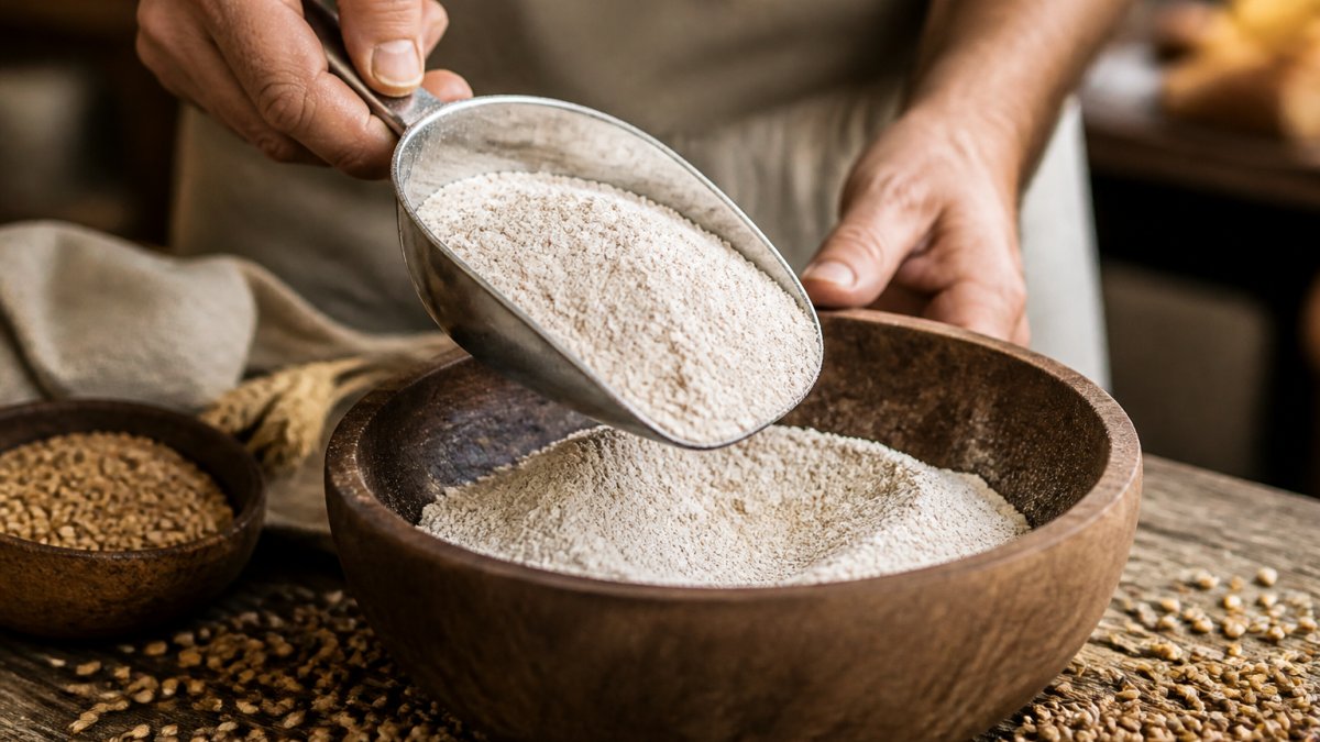 Hands holding a scoop of stone-ground whole-grain flour over a rustic wooden bowl with wheat berries.