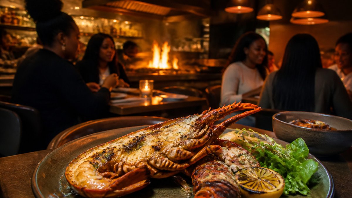 Beautifully plated lobster dish with open-fire cooking ambiance visible in the background, warm golden lighting from overhead fixtures, contemporary dining space with guests in the background enjoying their meal