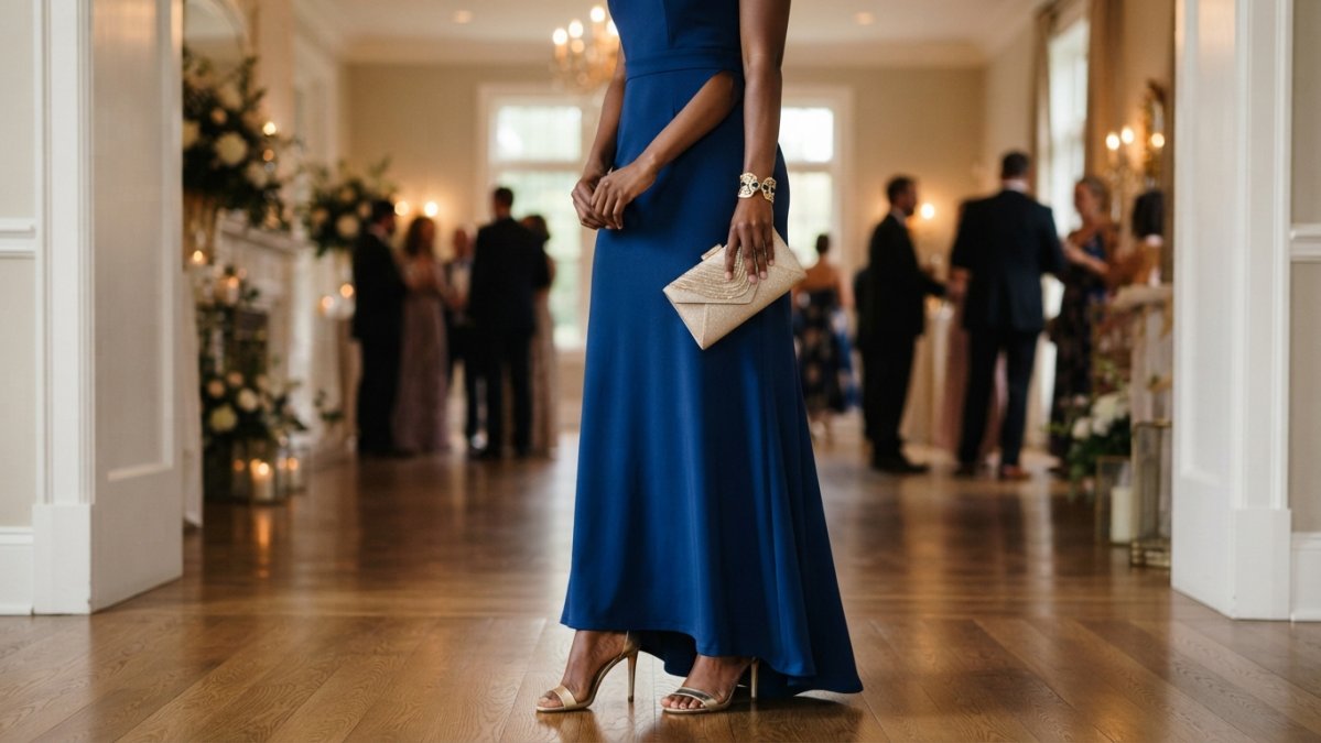 Woman wearing an elegant formal maxi dress in jewel tone with statement jewelry and heels, photographed from waist down showcasing complete outfit styling with clutch