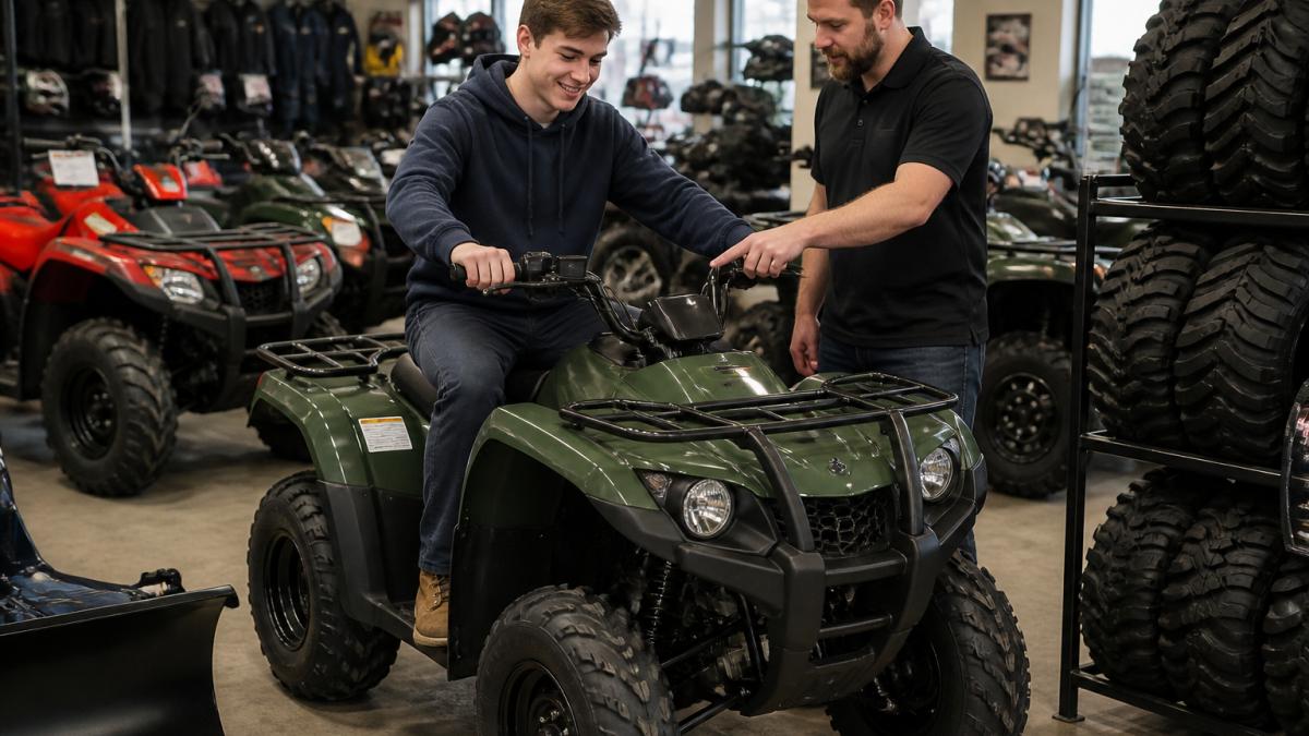 Salesperson explaining handlebar controls to a customer on one of the available entry-level ATVs in a showroom