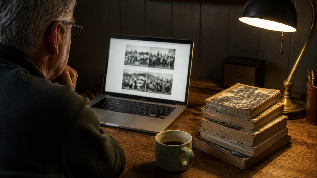 Infographic detailing steps to access digital archives of gritty war stories using a laptop and research materials.