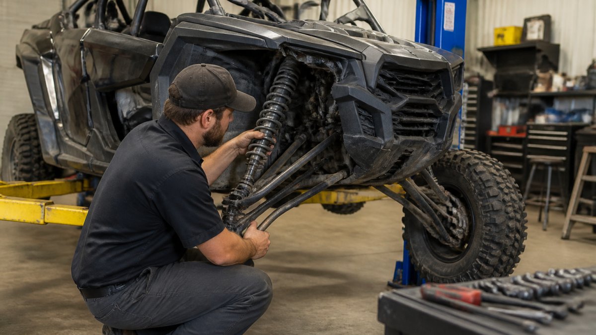 A mechanic in a well-equipped shop inspecting the suspension of a side-by-side UTV, with tools and a lift visible in the background