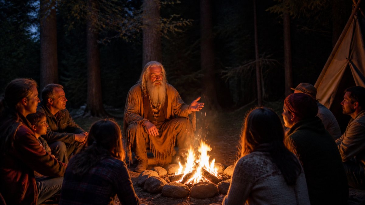 An elder storyteller surrounded by listeners around a campfire at night in a forest clearing, warm firelight on faces, tall trees in the background