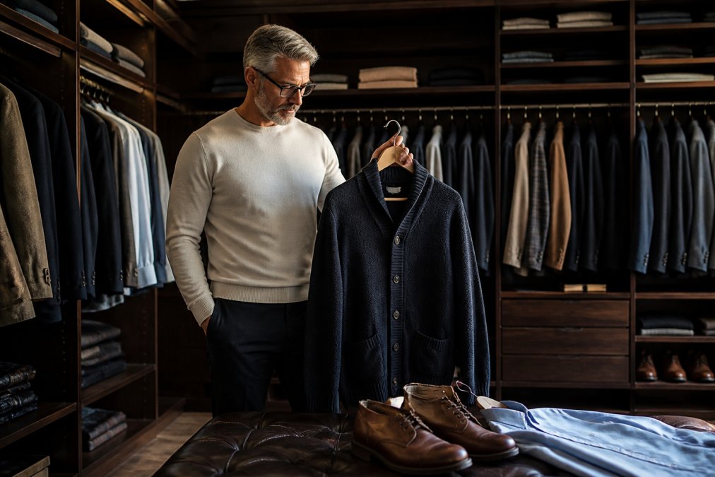Well-dressed 50 year old man selecting classic wardrobe essentials in a walk-in closet with boots and knitwear