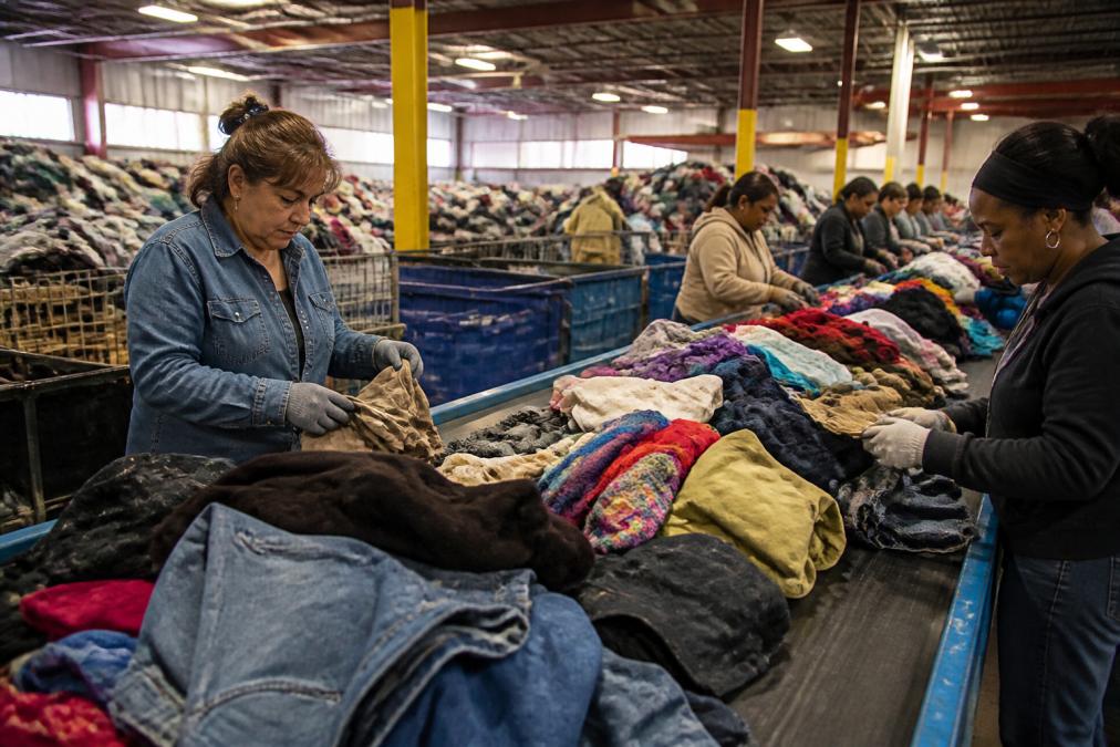 Workers at a textile sorting facility examining and organizing piles of gently used donated clothing on conveyor belts, with natural warehouse lighting illuminating rows of sorted garments