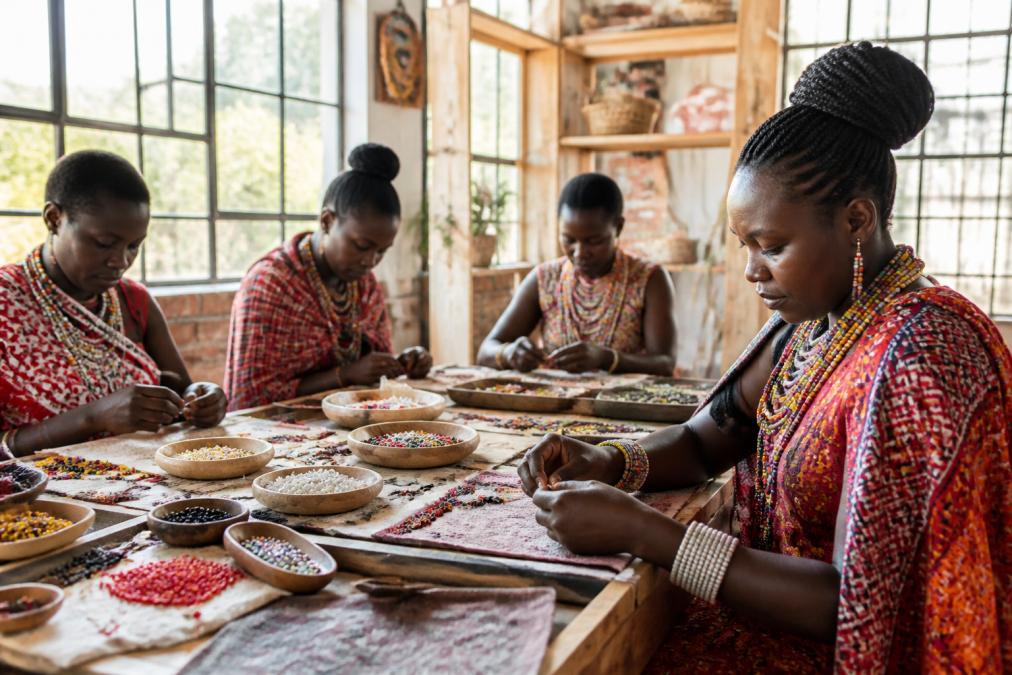 Artisans working together in a bright workshop space with natural light streaming through large windows, hands crafting beaded jewelry and textile pieces with focused concentration