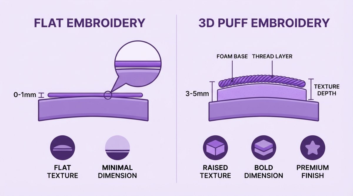 Side-by-side cross-section diagram comparing flat embroidery vs. 3D puff embroidery: flat shows thread stitched directly onto fabric surface at 0-1mm height; 3D puff shows foam underlay beneath thread creating raised texture at 3-5mm height, with labeled layers: foam base, thread layer, and texture depth