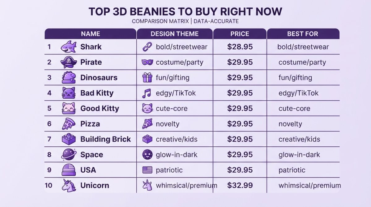 Product comparison matrix for 10 Crazy Beanies styles: Name, Design Theme, Price, Best For, Shark $28.95 bold/streetwear, Pirate $29.95 costume/party, Dinosaurs $29.95 fun/gifting, Bad Kitty $29.95 edgy/TikTok, Good Kitty $29.95 cute-core, Pizza $29.95 novelty, Building Brick $29.95 creative/kids, Space $29.95 glow-in-dark, USA $29.95 patriotic, Unicorn $32.99 whimsical/premium