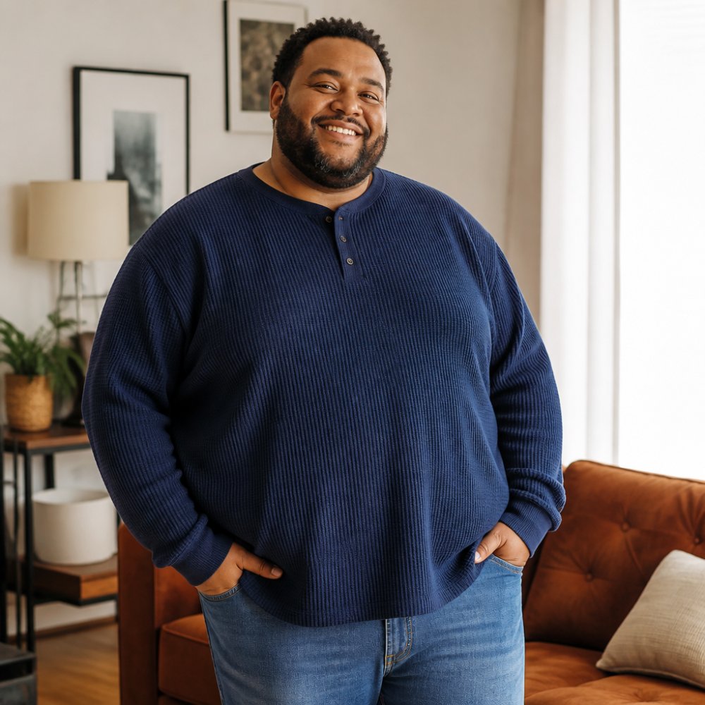Confident person wearing a cozy 7XL clothing waffle shirt in a living room