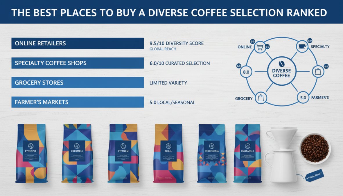 Flat lay of several different coffee bags from various roasters arranged on a wooden table alongside a ceramic pour-over brewer and [freshly](/blog/freshly-roasted-coffee-delivered) roasted whole beans scattered across the surface under warm natural light