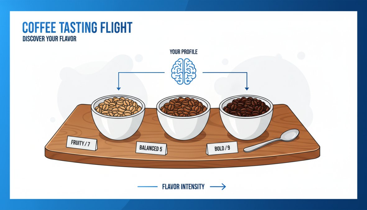 Close-up of three small white cupping bowls filled with different roasted coffees on a wooden tasting table, with handwritten tasting notes cards and a silver cupping spoon arranged beside them under soft overhead lighting