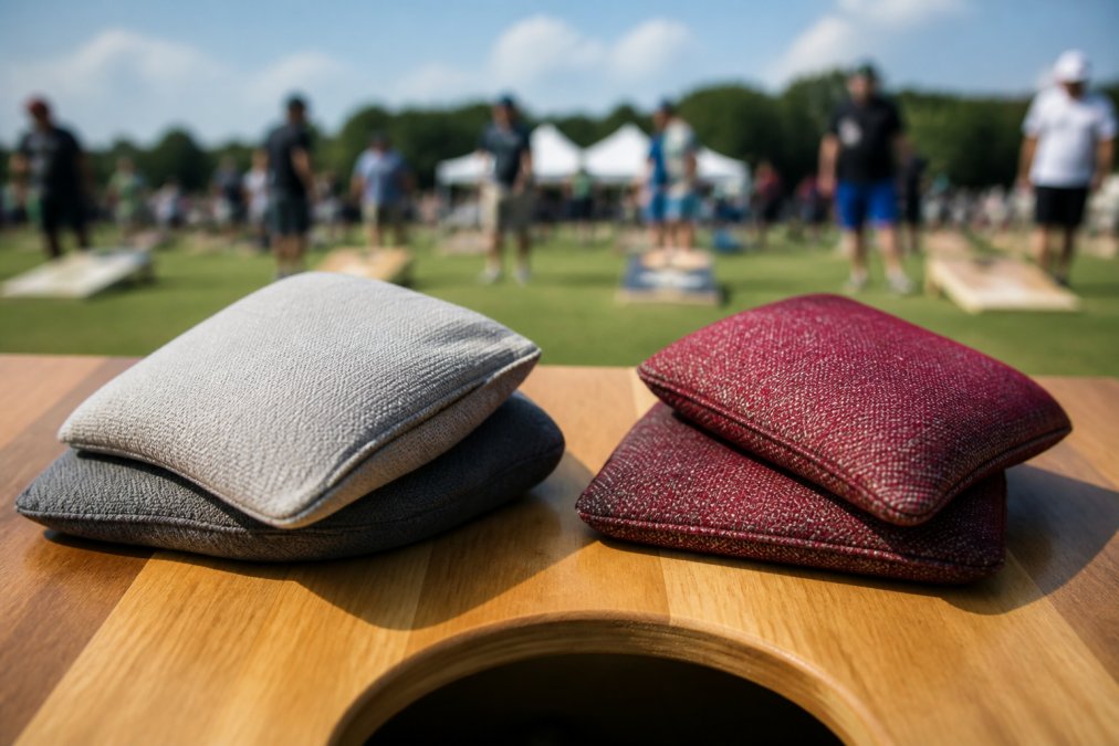 Close-up photograph of several ACL-approved cornhole bags with visible fabric textures arranged on a wooden cornhole board, tournament setting with blurred players in the background under bright outdoor lighting