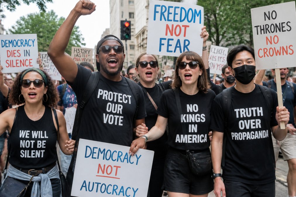 Diverse group of people wearing statement apparel at a daytime march, holding signs and showing solidarity with visible messaging on their clothing